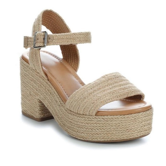 Shoes - Straw raffia jute platform espadrille heeled sandal heels side buckle open toe